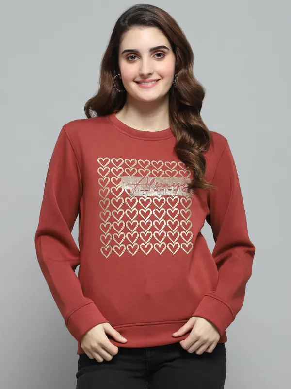 Women Rust Printed Round Neck Full Sleeve Sweatshirt sold by Monte Carlo