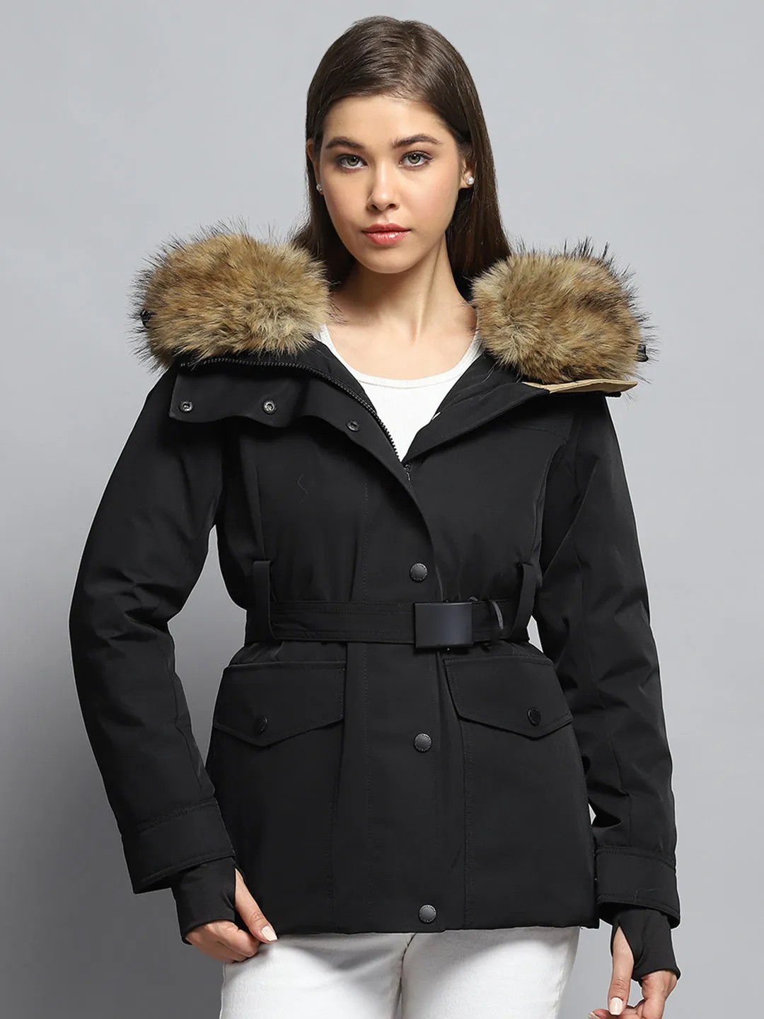 Women Black Solid Hooded Full Sleeve Jacket sold by Monte Carlo