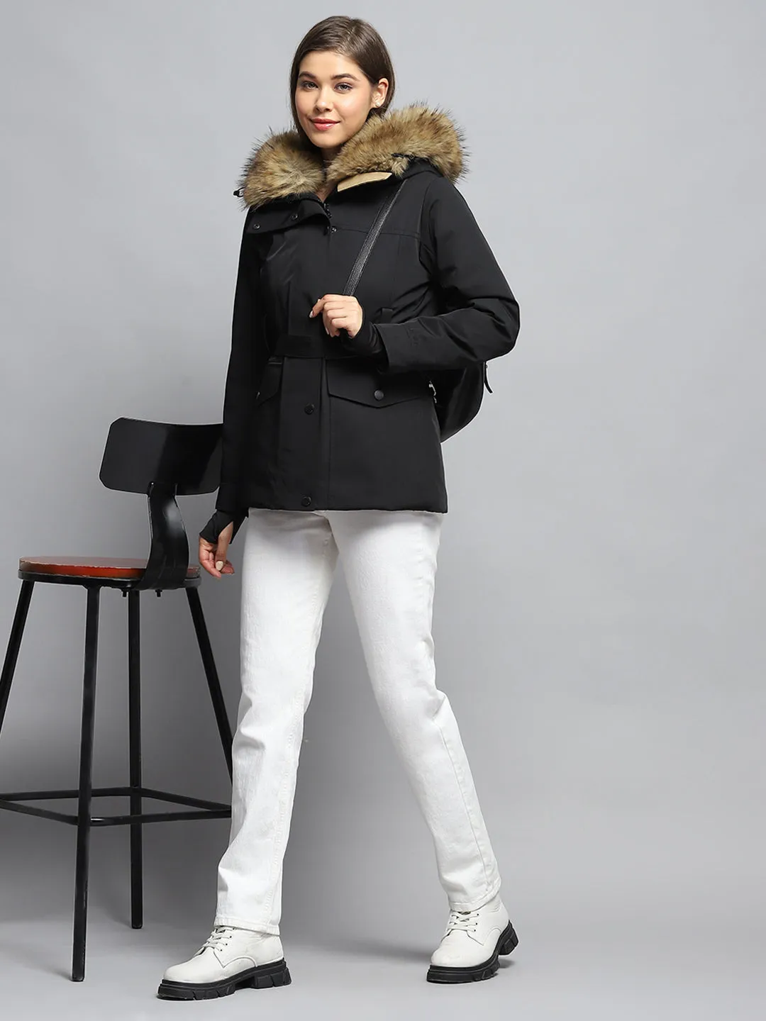 Women Black Solid Hooded Full Sleeve Jacket sold by Monte Carlo product image thumbnail 2