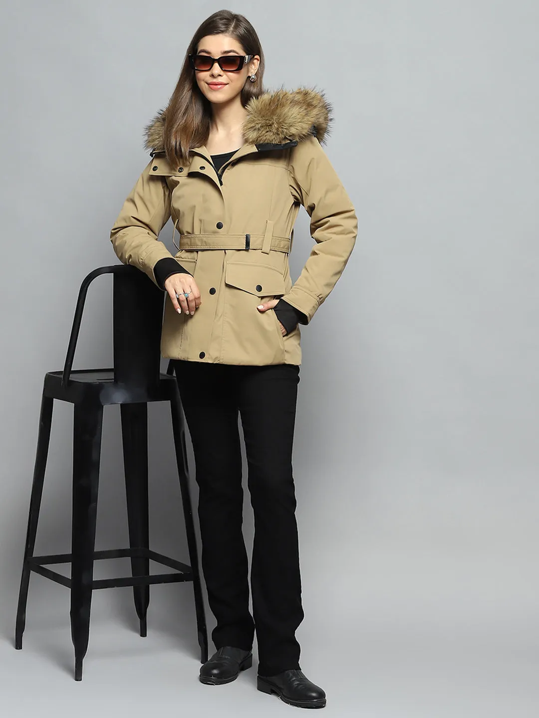 Women Khaki Solid Hooded Full Sleeve Jacket sold by Monte Carlo product image thumbnail 2