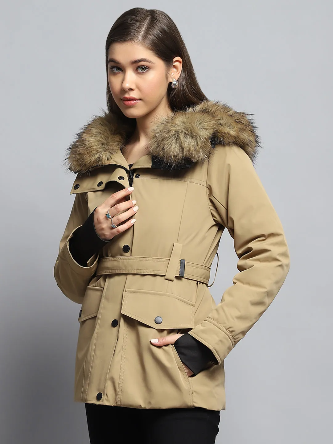 Women Khaki Solid Hooded Full Sleeve Jacket sold by Monte Carlo product image thumbnail 3