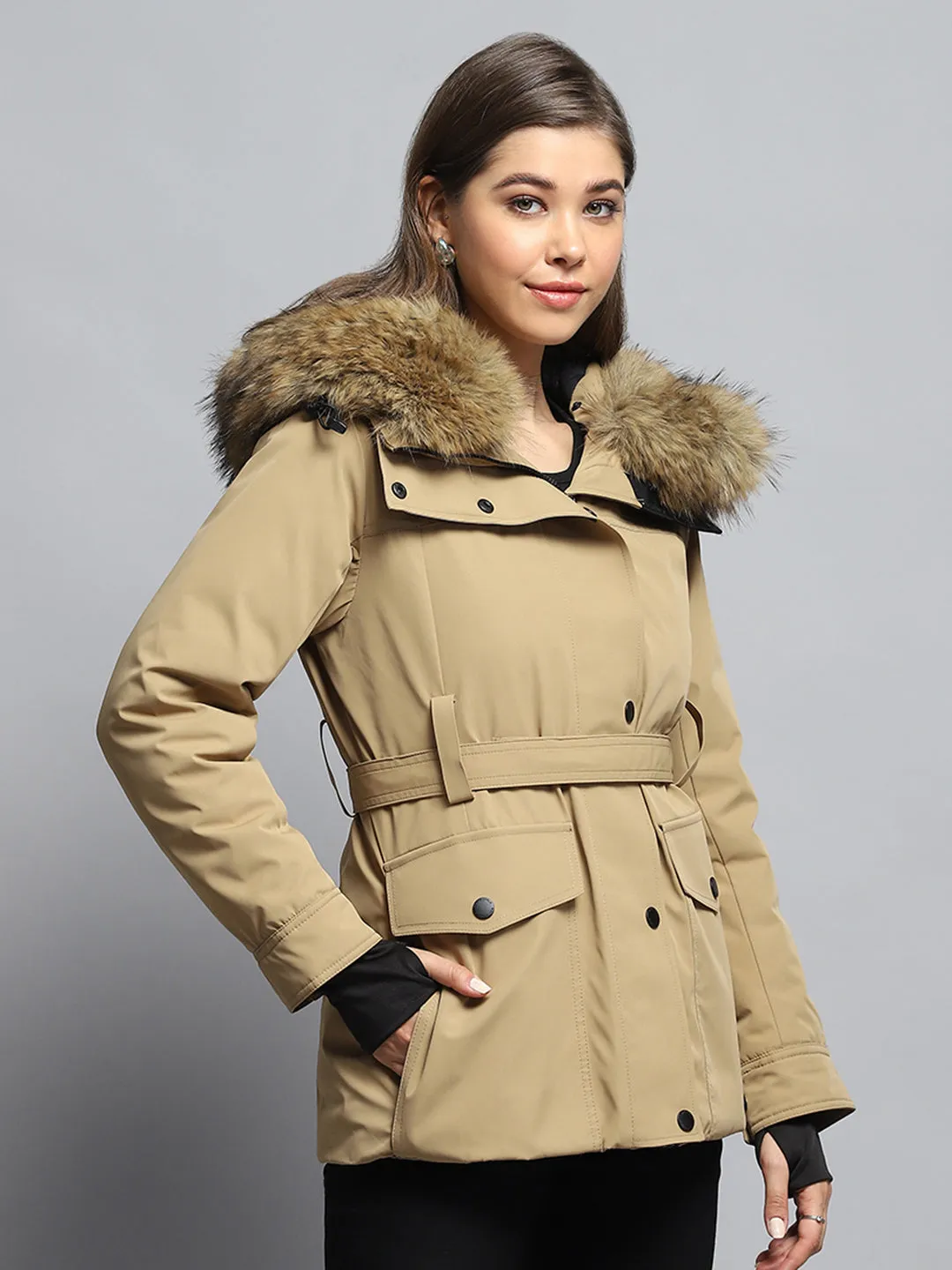 Women Khaki Solid Hooded Full Sleeve Jacket sold by Monte Carlo product image thumbnail 4