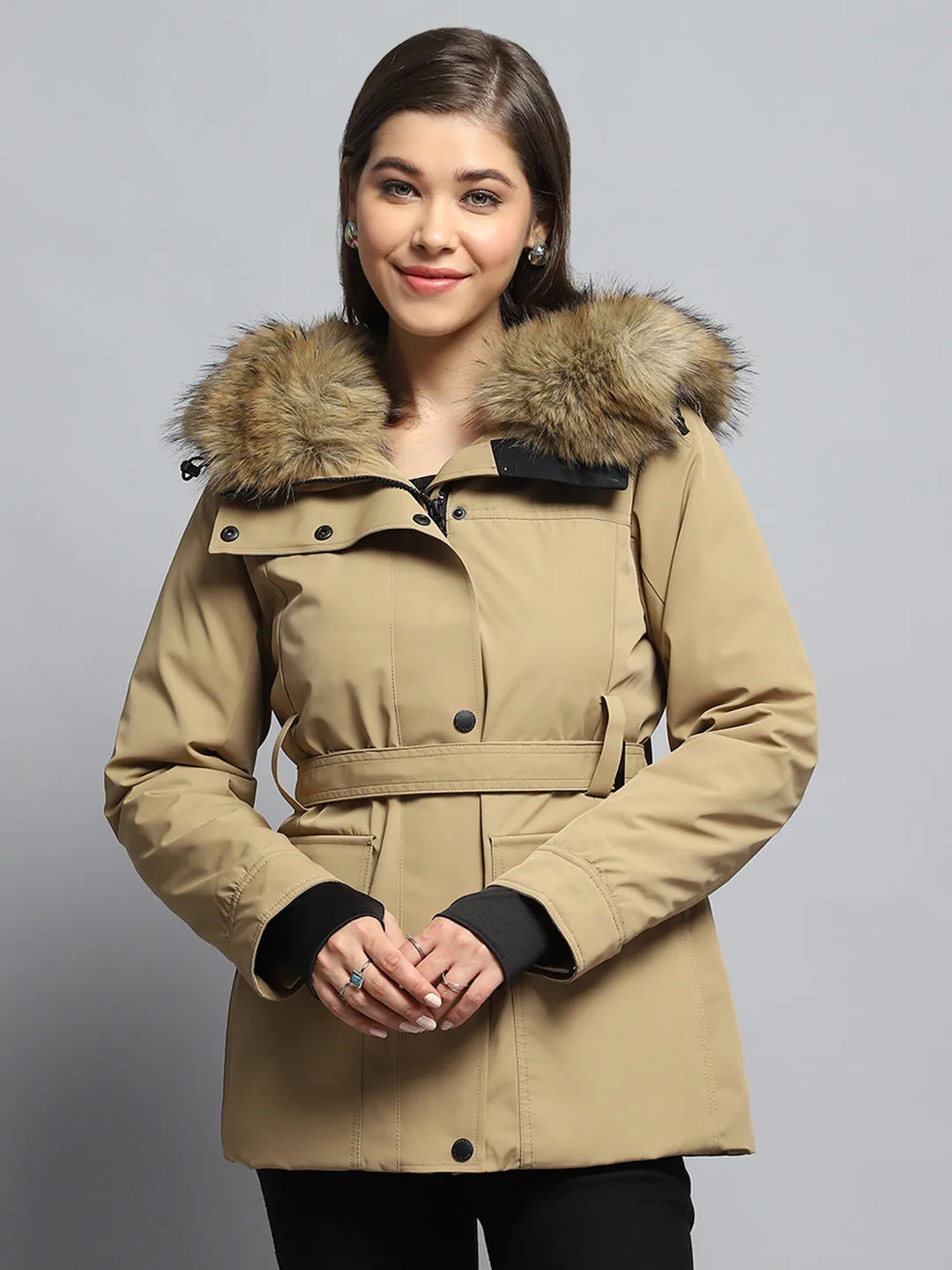 Women Khaki Solid Hooded Full Sleeve Jacket sold by Monte Carlo