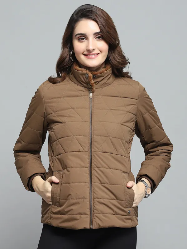 Women Brown Self Design Mock Neck Full Sleeve Jacket sold by Monte Carlo