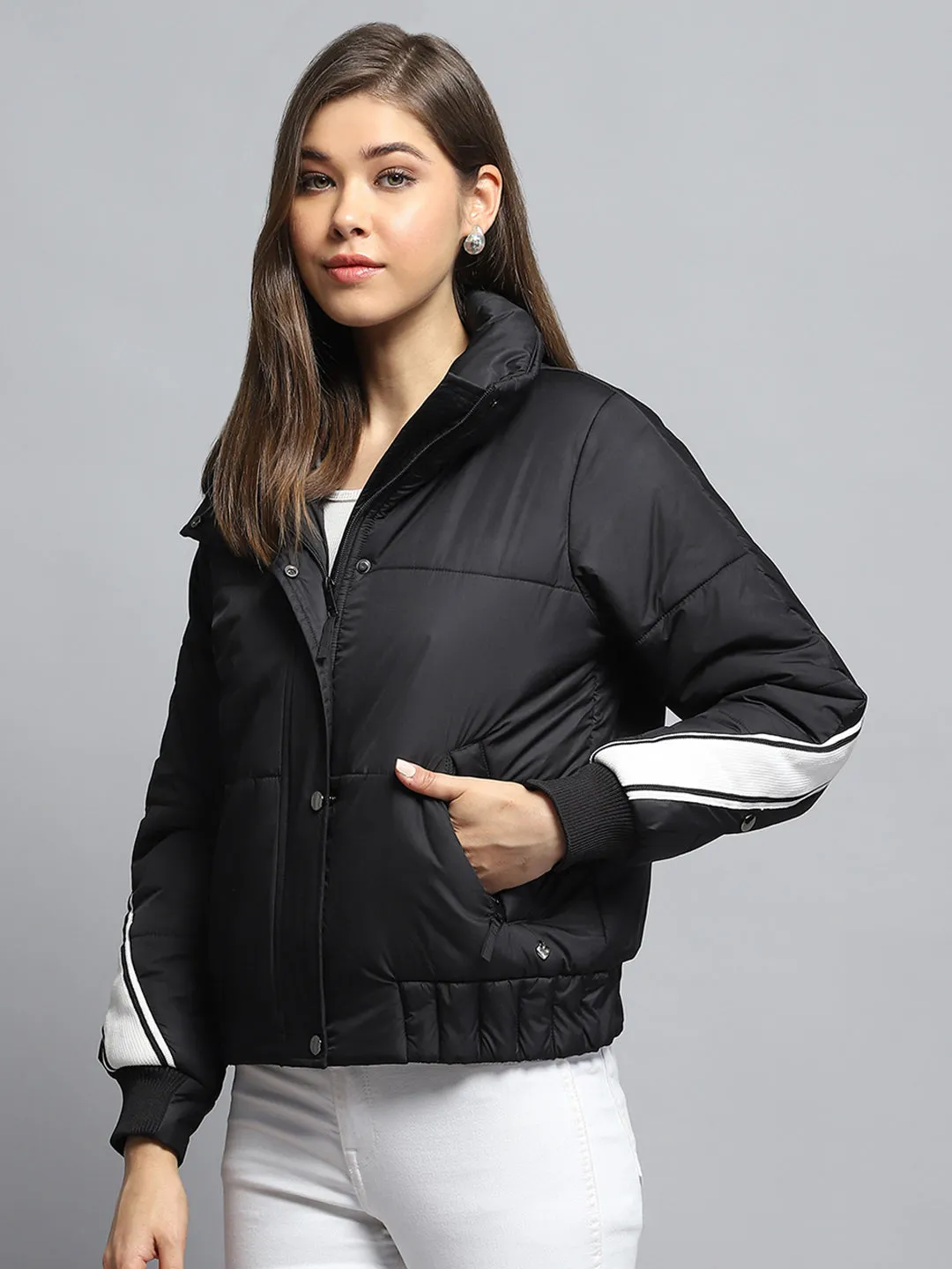 Women Black Solid Collar Full Sleeve Jacket sold by Monte Carlo product image thumbnail 3