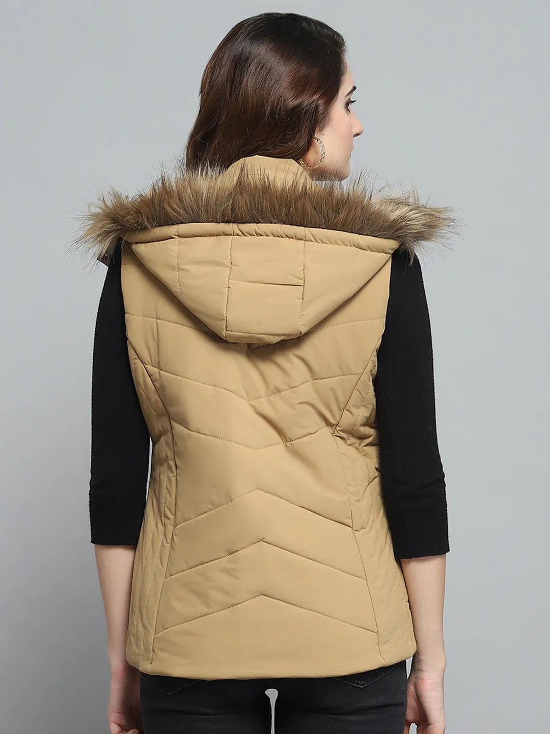 Women Khaki Solid Detachable Hood Sleeveless Jacket sold by Monte Carlo product image thumbnail 5