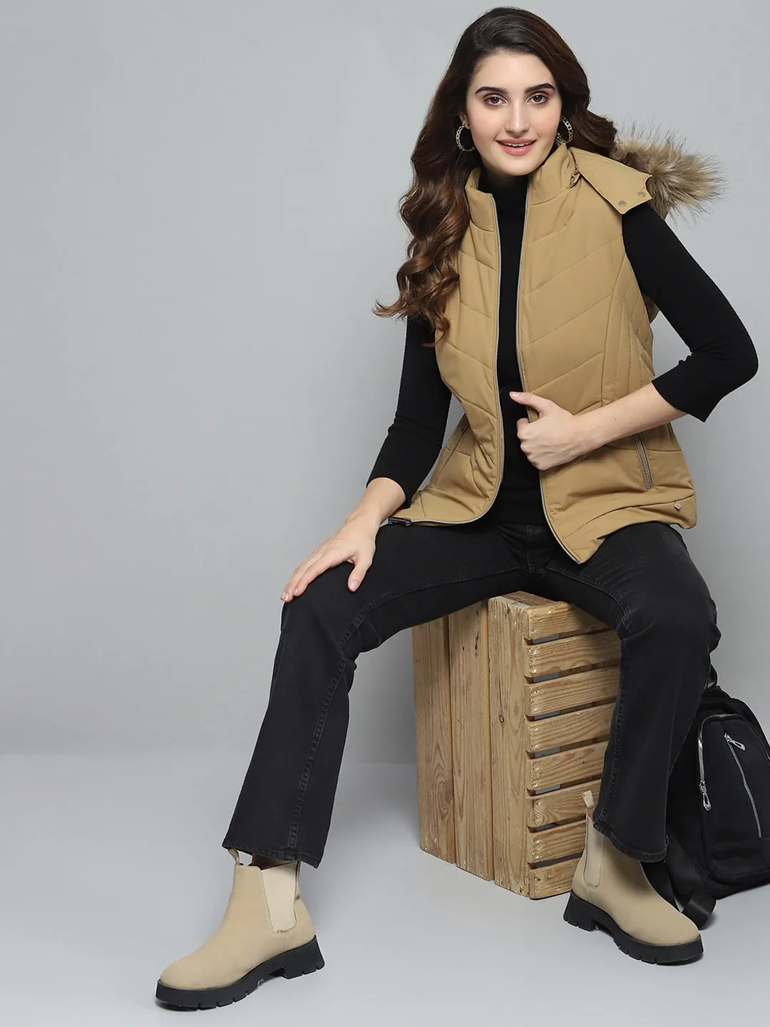 Women Khaki Solid Detachable Hood Sleeveless Jacket sold by Monte Carlo product image thumbnail 2