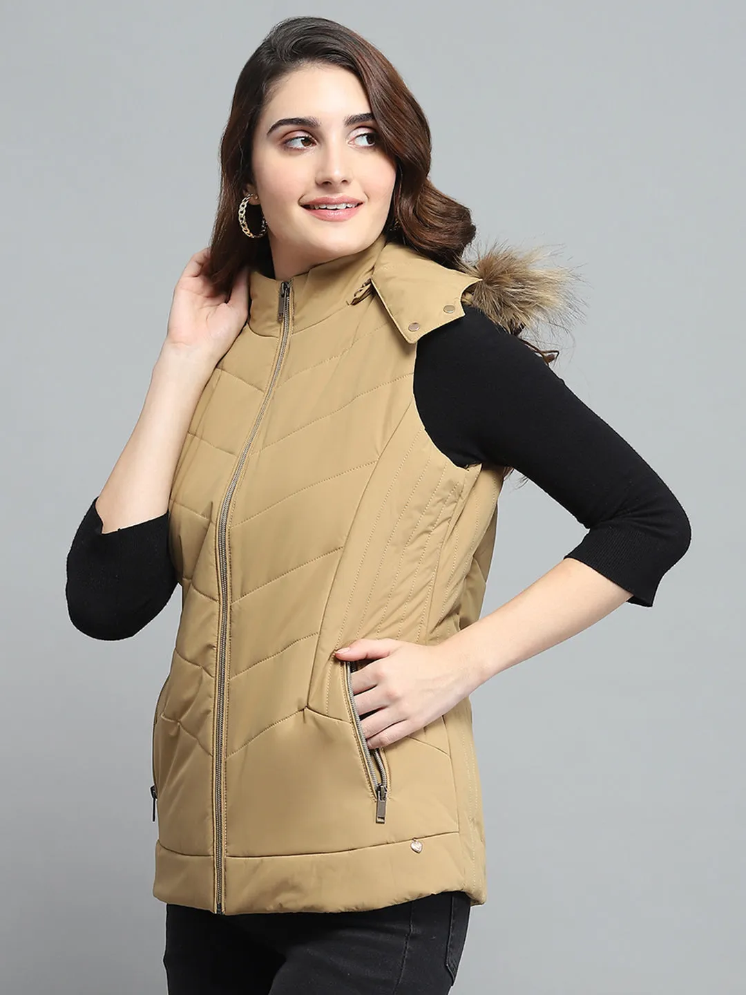 Women Khaki Solid Detachable Hood Sleeveless Jacket sold by Monte Carlo product image thumbnail 3