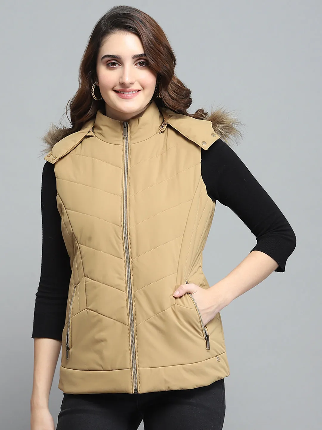 Women Khaki Solid Detachable Hood Sleeveless Jacket sold by Monte Carlo