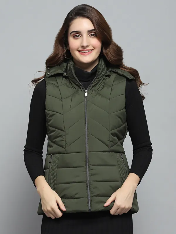 Women Olive Solid Detachable Hood Sleeveless Jacket sold by Monte Carlo