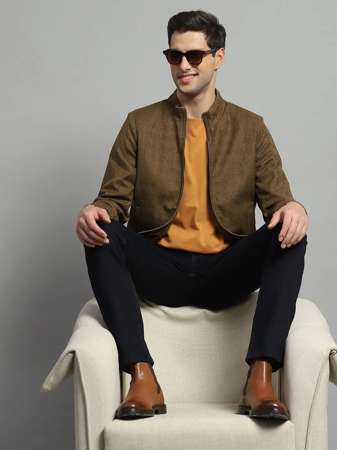 Luxuria Men Mustard Solid Mock Neck Full Sleeve Jacket sold by Monte Carlo product image thumbnail 2