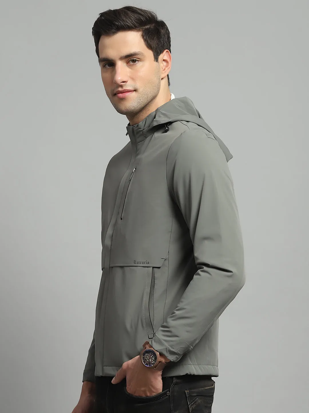 Luxuria Men Olive Solid Detachable Hood Full Sleeve Jacket sold by Monte Carlo product image thumbnail 3