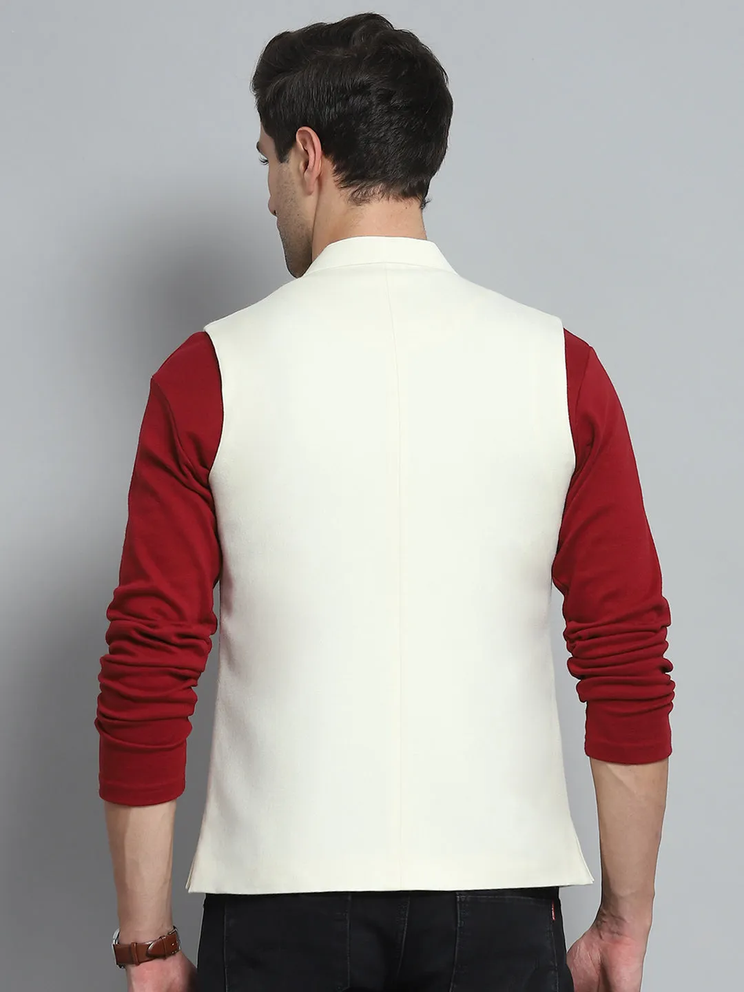 Men Cream Solid Band Collar Sleeveless Nehru Jacket sold by Monte Carlo product image thumbnail 5