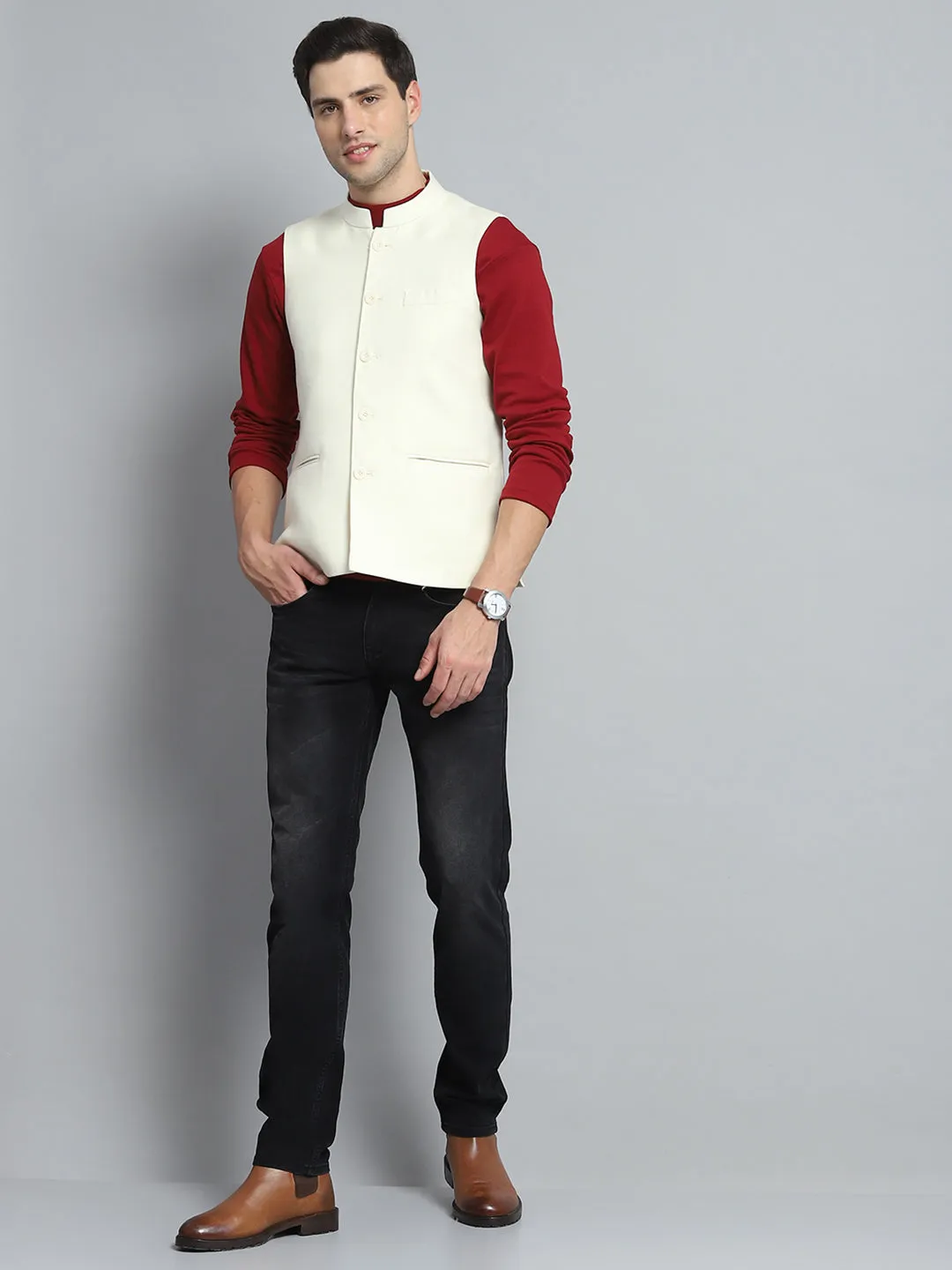 Men Cream Solid Band Collar Sleeveless Nehru Jacket sold by Monte Carlo product image thumbnail 2