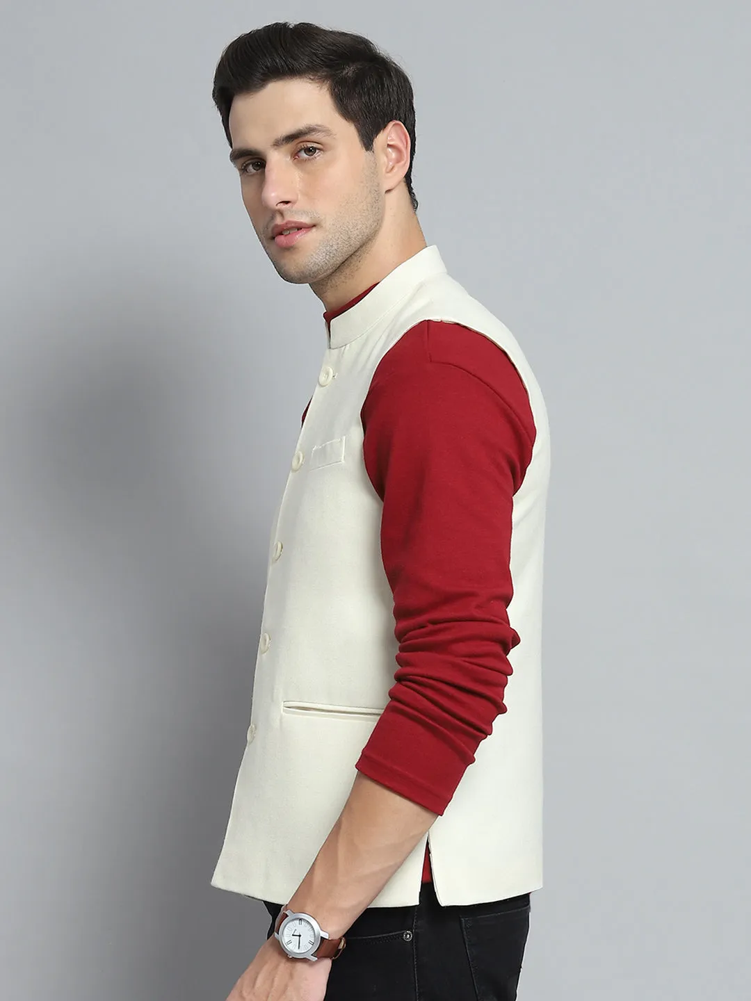 Men Cream Solid Band Collar Sleeveless Nehru Jacket sold by Monte Carlo product image thumbnail 3