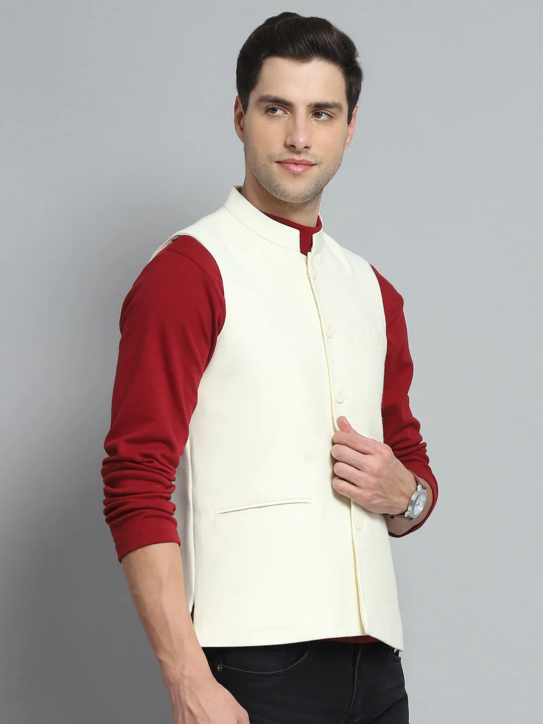 Men Cream Solid Band Collar Sleeveless Nehru Jacket sold by Monte Carlo product image thumbnail 4
