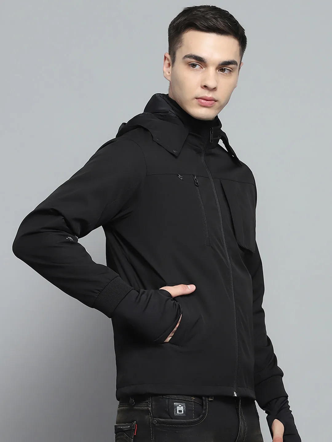 Men Black Solid Detachable Hood Full Sleeve Jacket sold by Monte Carlo product image thumbnail 4
