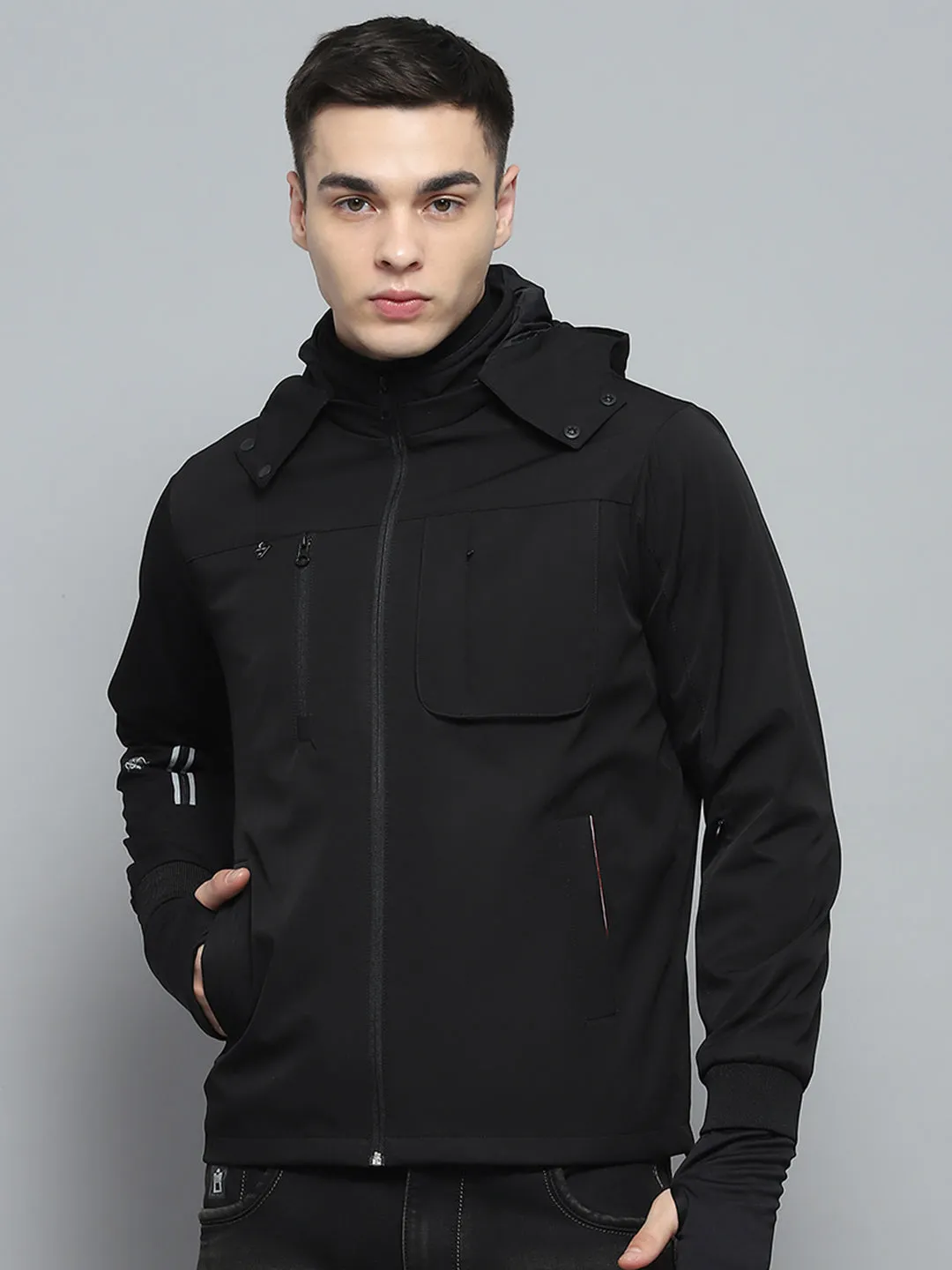 Men Black Solid Detachable Hood Full Sleeve Jacket sold by Monte Carlo