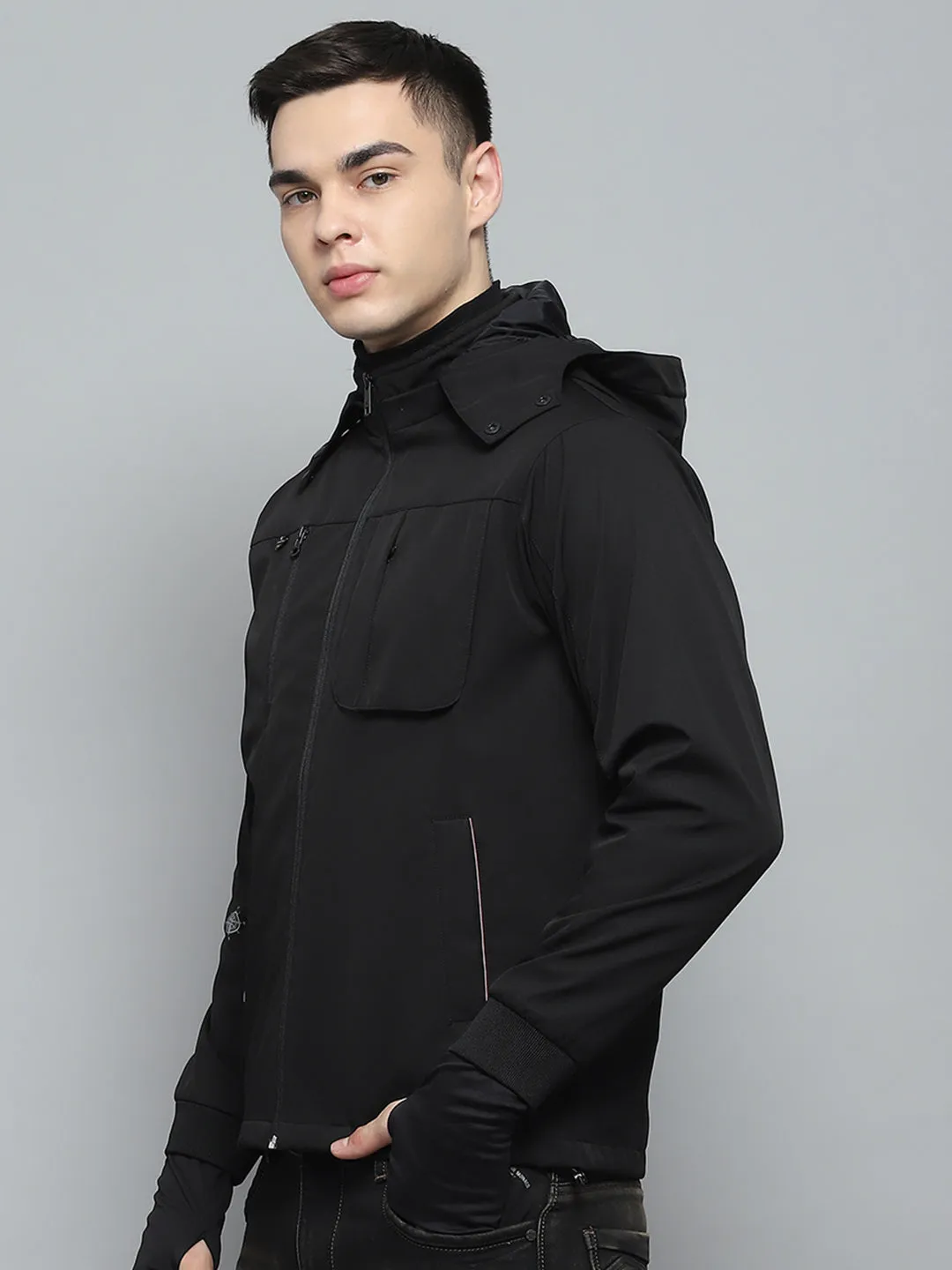 Men Black Solid Detachable Hood Full Sleeve Jacket sold by Monte Carlo product image thumbnail 3