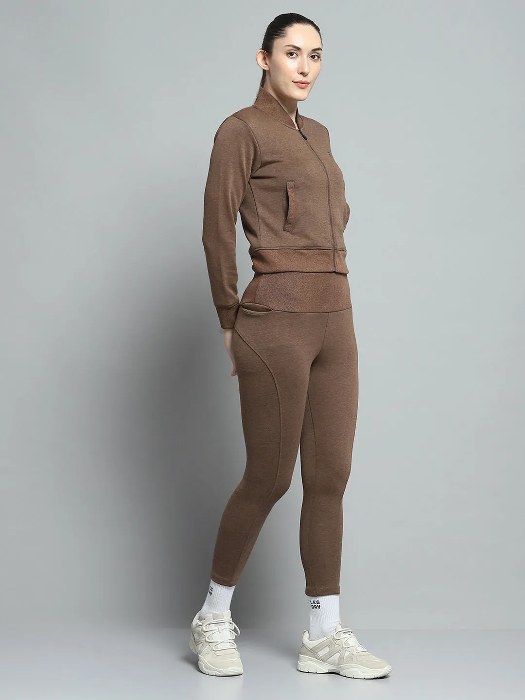 Rock.it Women Brown Solid Mock Neck Full Sleeve Tracksuit sold by Monte Carlo product image thumbnail 4