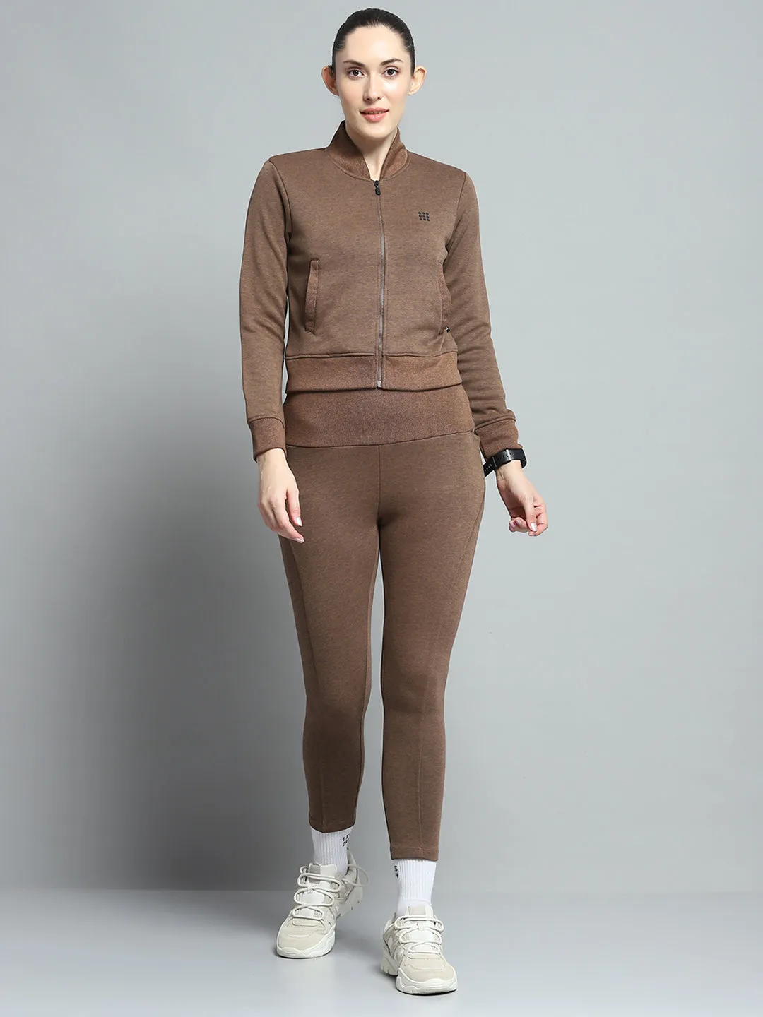 Rock.it Women Brown Solid Mock Neck Full Sleeve Tracksuit sold by Monte Carlo