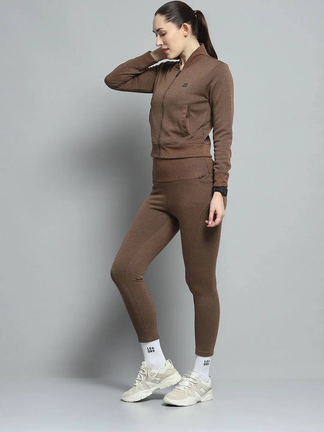 Rock.it Women Brown Solid Mock Neck Full Sleeve Tracksuit sold by Monte Carlo product image thumbnail 3