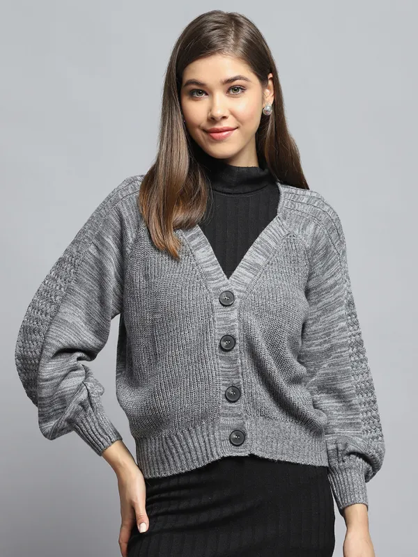 Women Grey Self Design V Neck Full Sleeve Cardigan sold by Monte Carlo