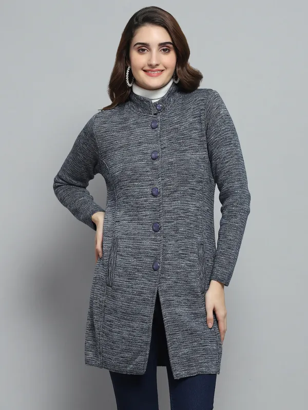 Women Grey Self Design Round Neck Full Sleeve Knitted Coat sold by Monte Carlo