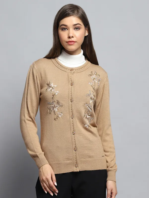 Women Brown Self Design Round Neck Full Sleeve Cardigan made by Monte Carlo