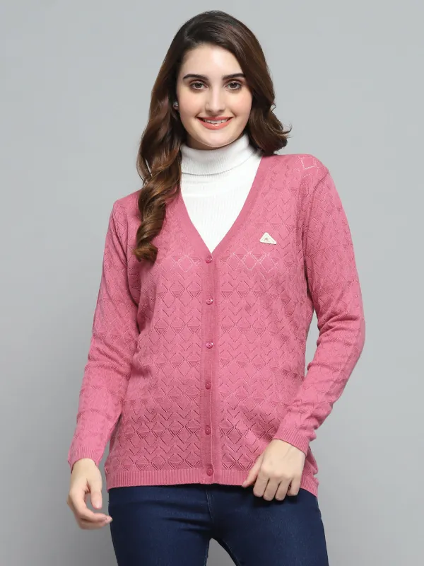 Women Pink Self Design V Neck Full Sleeve Cardigan sold by Monte Carlo