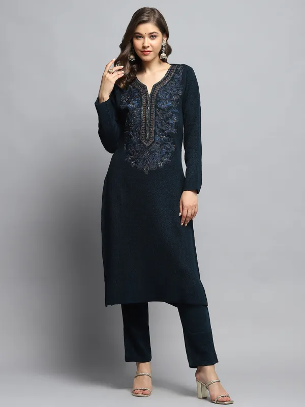 Women Teal Blue Self Design V Neck Full Sleeve Kurti Set sold by Monte Carlo