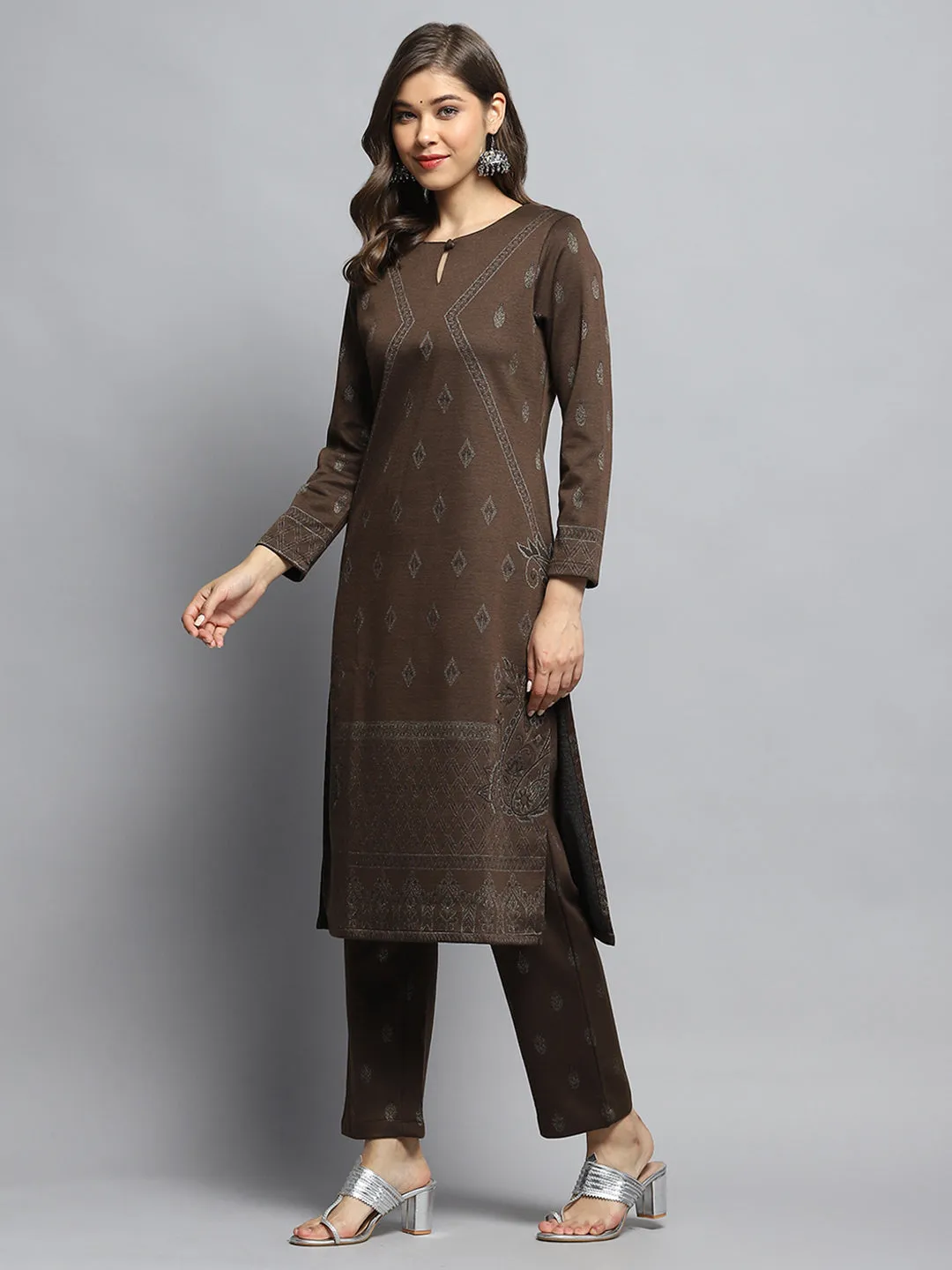 Women Brown Self Design Round Neck Full Sleeve Kurti Set sold by Monte Carlo product image thumbnail 3
