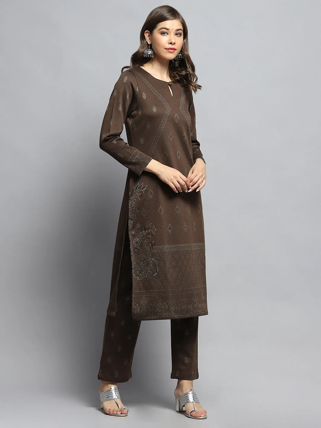 Women Brown Self Design Round Neck Full Sleeve Kurti Set sold by Monte Carlo product image thumbnail 4