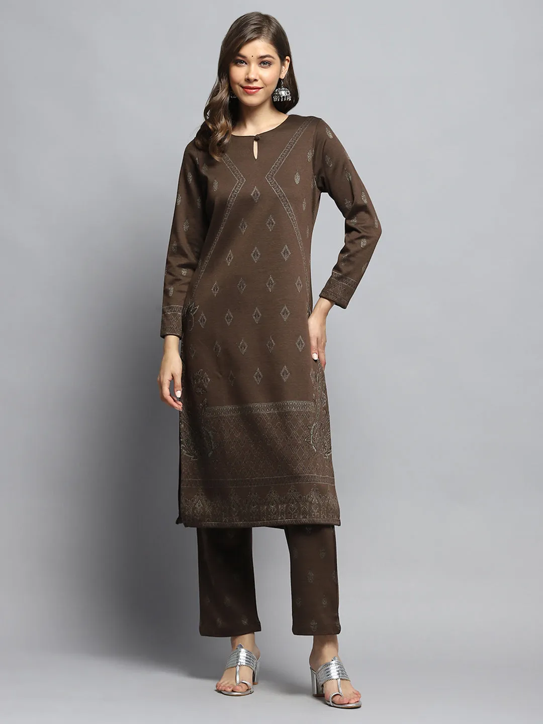 Women Brown Self Design Round Neck Full Sleeve Kurti Set sold by Monte Carlo