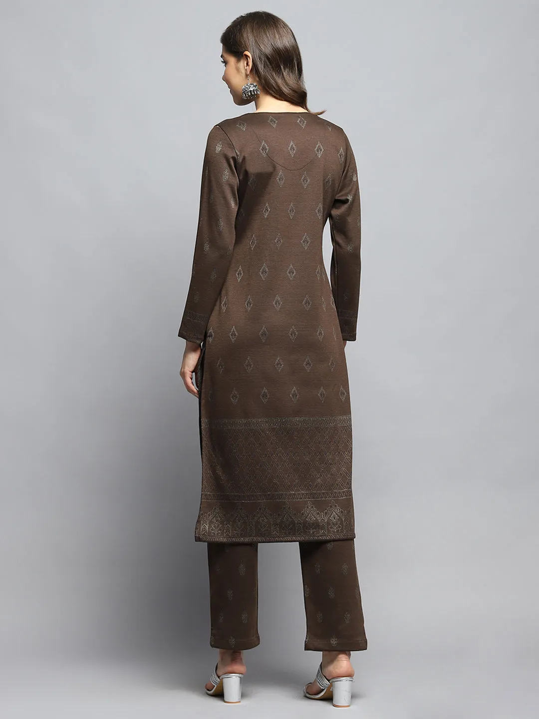 Women Brown Self Design Round Neck Full Sleeve Kurti Set sold by Monte Carlo product image thumbnail 5