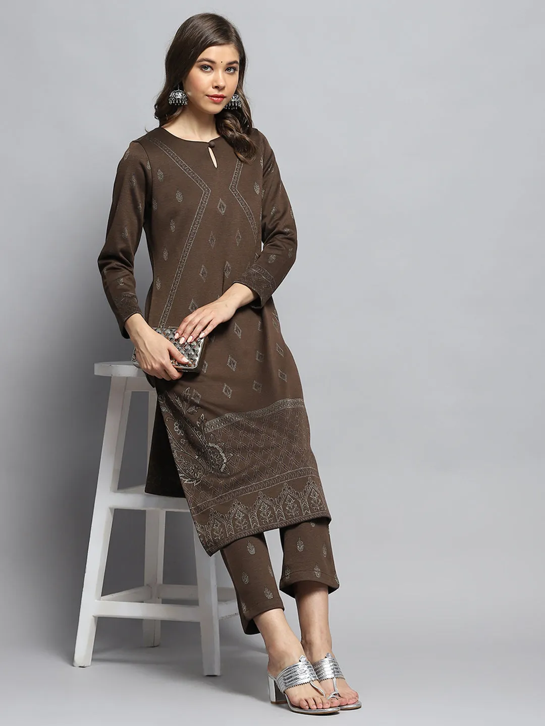 Women Brown Self Design Round Neck Full Sleeve Kurti Set sold by Monte Carlo product image thumbnail 2