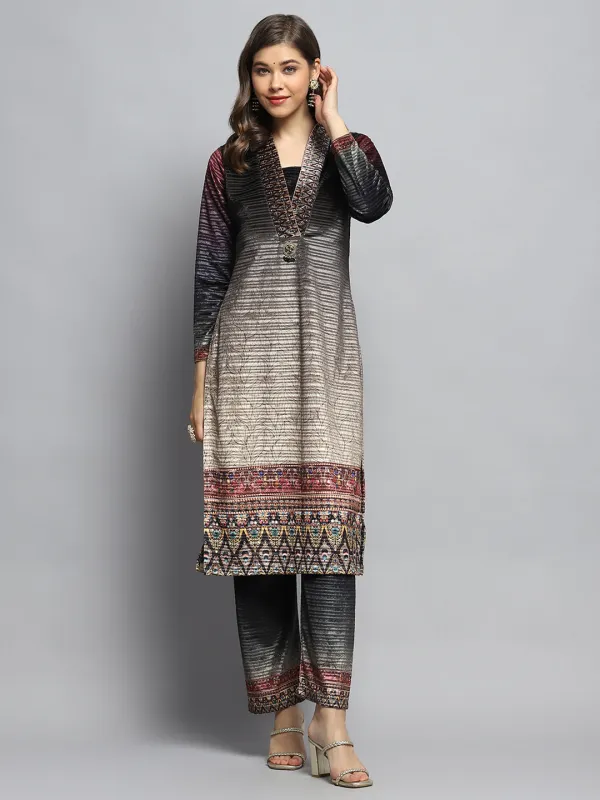 Women Maroon Self Design V Neck Full Sleeve Kurti Set with Bag made by Monte Carlo