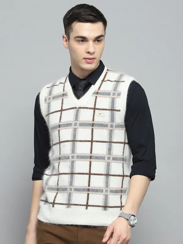 Men Off White Self Design V Neck Sleeveless Sweater sold by Monte Carlo