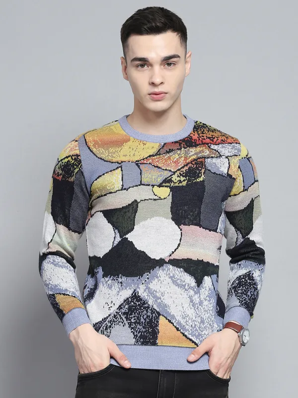 Men Sky Blue Self Design Round Neck Full Sleeve Pullover made by Monte Carlo