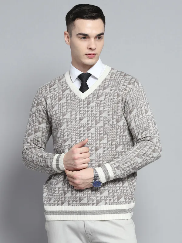 Men Brown Self Design V Neck Full Sleeve Pullover sold by Monte Carlo