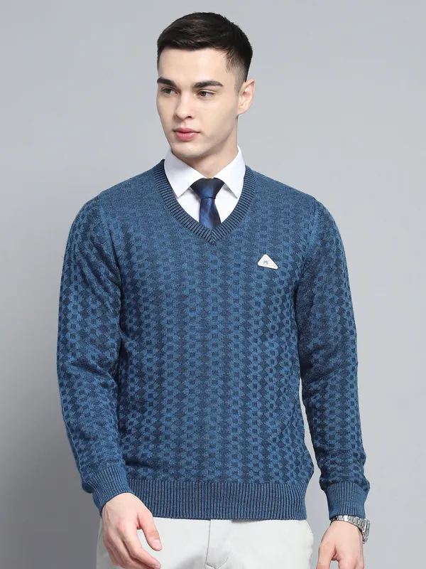 Men Navy Blue Self Design V Neck Full Sleeve Pullover made by Monte Carlo