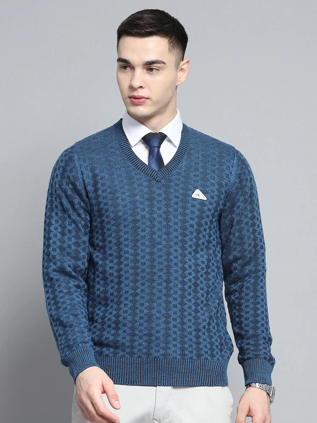 Men Navy Blue Self Design V Neck Full Sleeve Pullover sold by Monte Carlo