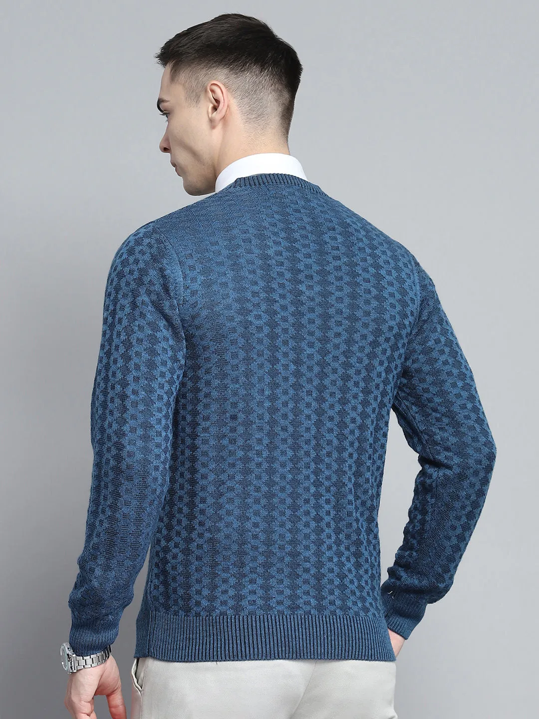 Men Navy Blue Self Design V Neck Full Sleeve Pullover sold by Monte Carlo product image thumbnail 5