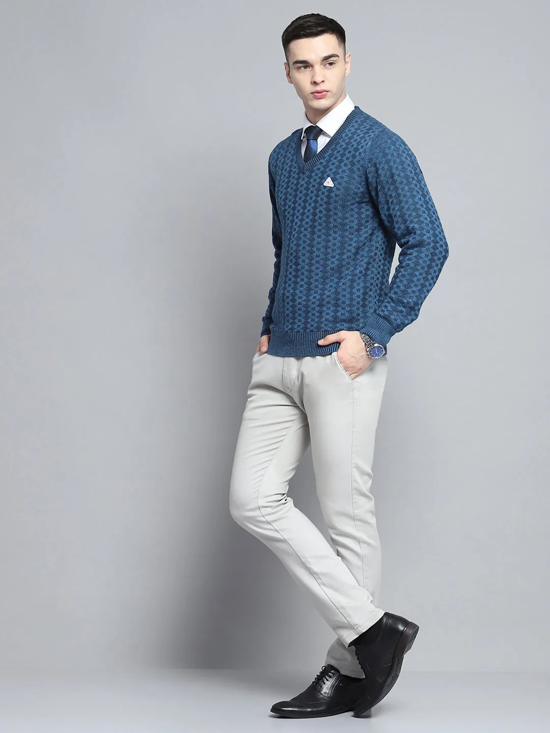 Men Navy Blue Self Design V Neck Full Sleeve Pullover sold by Monte Carlo product image thumbnail 2