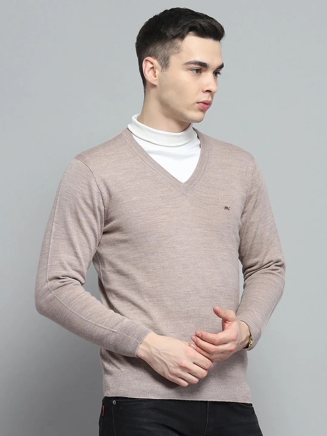 Men Beige Solid V Neck Full Sleeve Pullover sold by Monte Carlo product image thumbnail 4