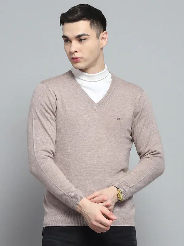 Men Beige Solid V Neck Full Sleeve Pullover sold by Monte Carlo