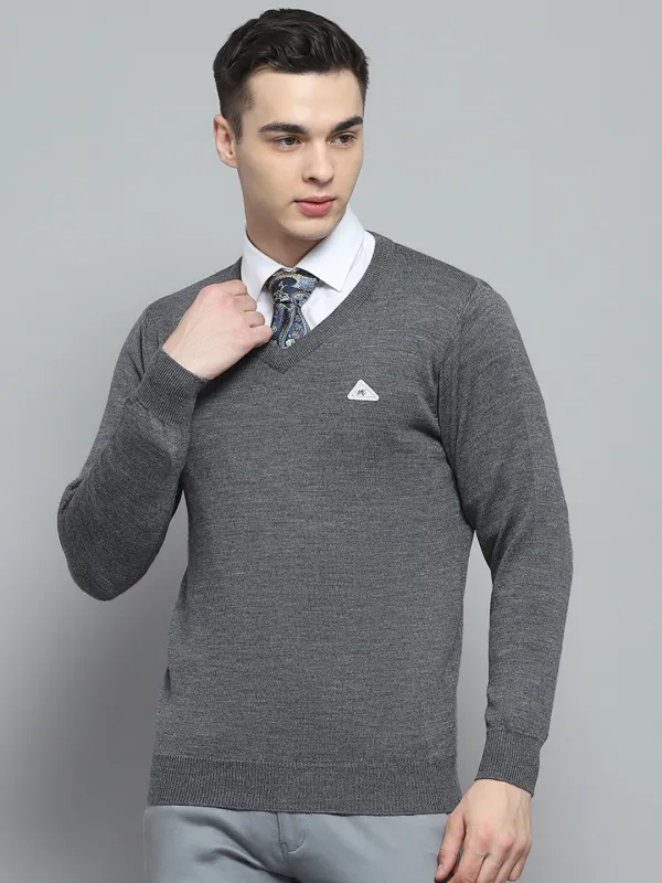 Men Grey Solid V Neck Full Sleeve Pullover made by Monte Carlo