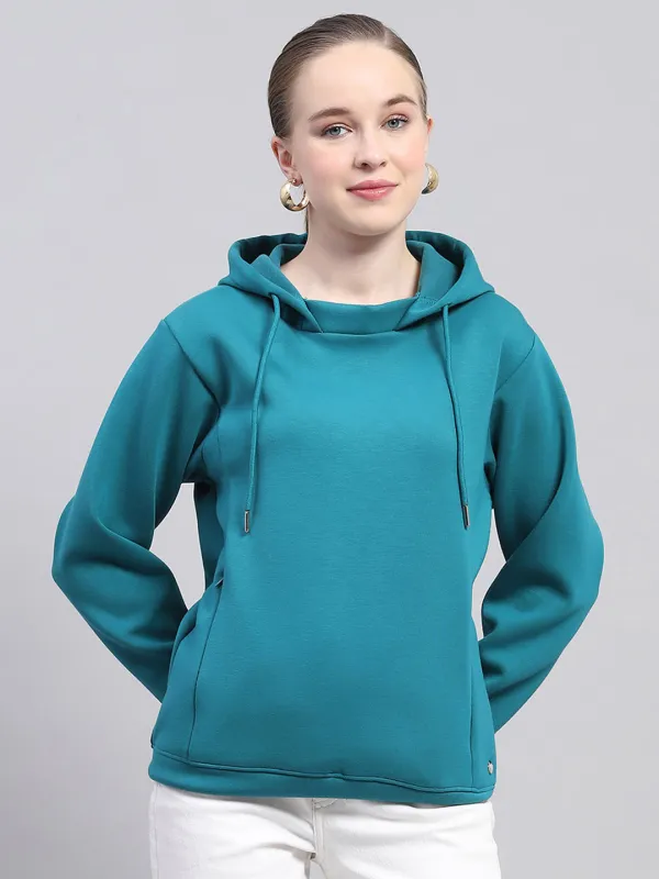 Women Teal Blue Solid Hooded Full Sleeve Sweatshirt sold by Monte Carlo
