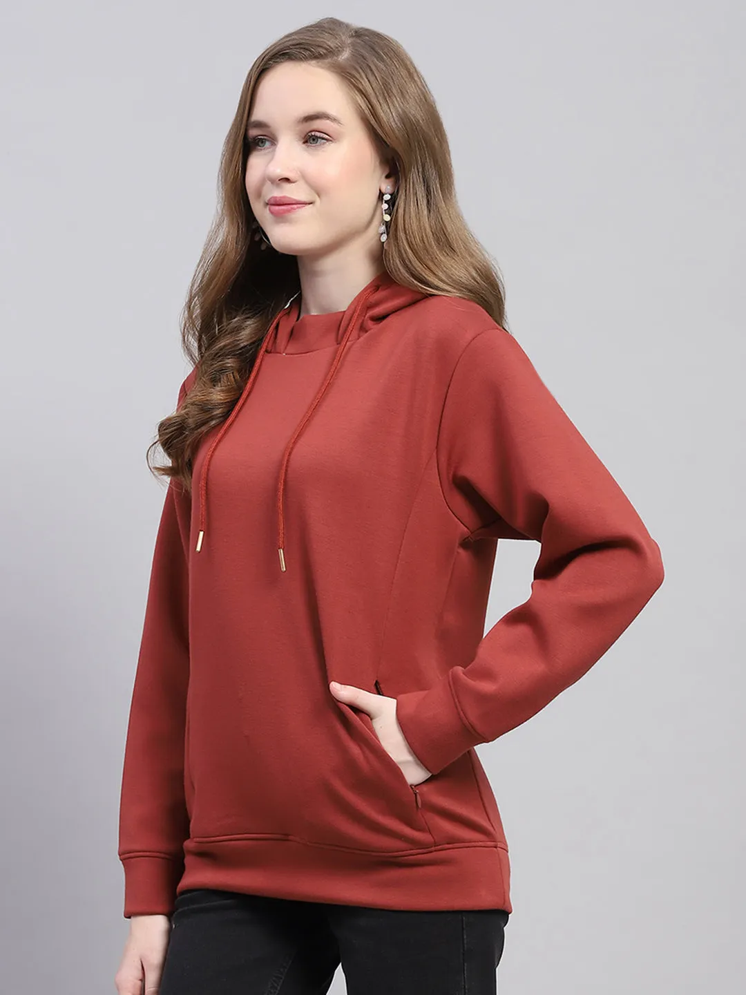 Women Rust Solid Hooded Full Sleeve Sweatshirt sold by Monte Carlo product image thumbnail 3