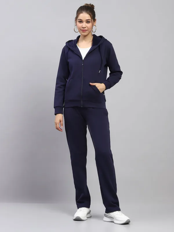 Women Navy Blue Solid Hooded Full Sleeve Tracksuit sold by Monte Carlo